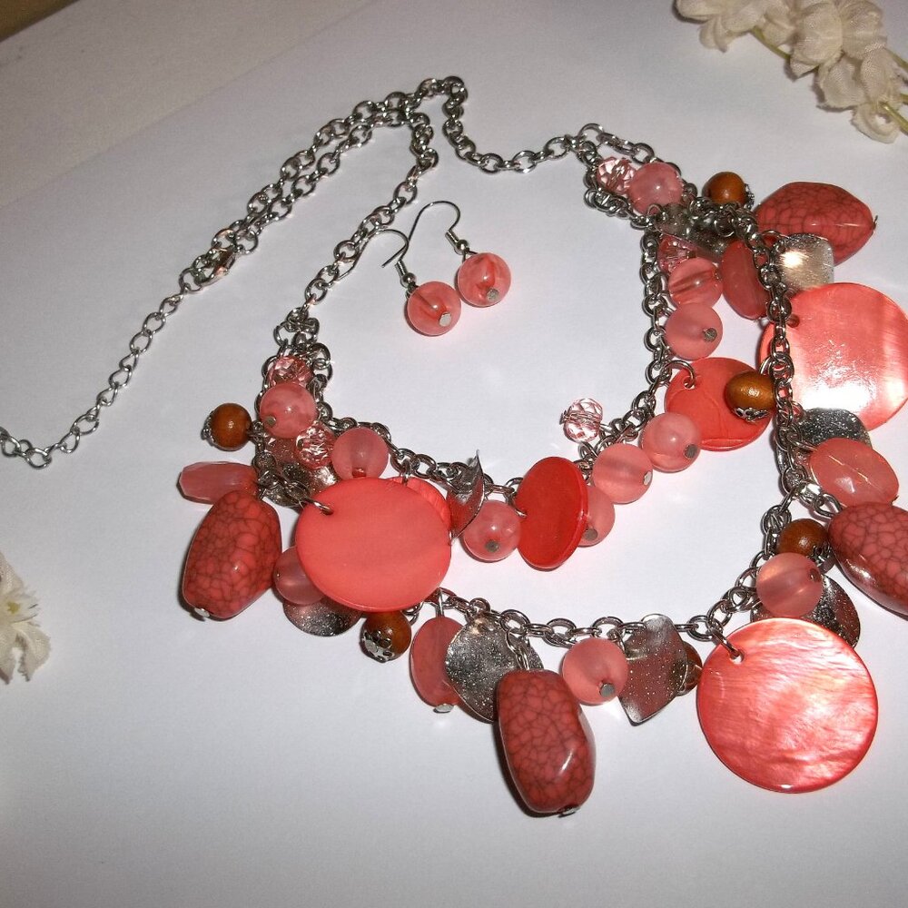 Orange Shell Silver Statement Necklace Earrings C… - image 4